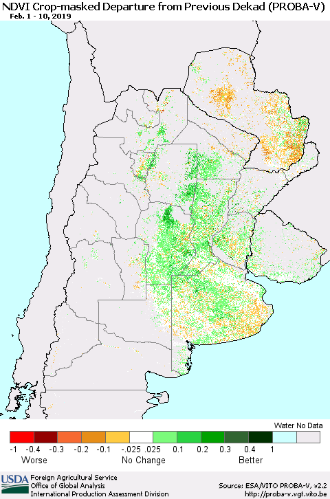 Southern South America NDVI Crop-masked Departure from Previous Dekad (PROBA-V) Thematic Map For 2/1/2019 - 2/10/2019