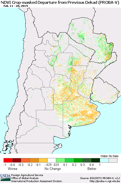 Southern South America NDVI Crop-masked Departure from Previous Dekad (PROBA-V) Thematic Map For 2/11/2019 - 2/20/2019
