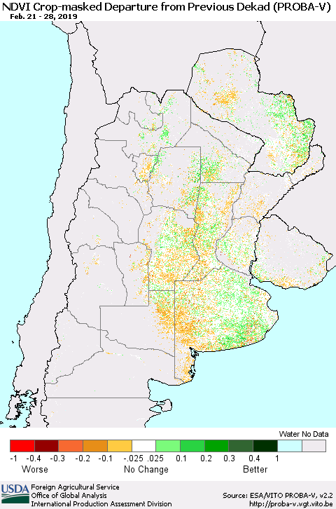 Southern South America NDVI Crop-masked Departure from Previous Dekad (PROBA-V) Thematic Map For 2/21/2019 - 2/28/2019