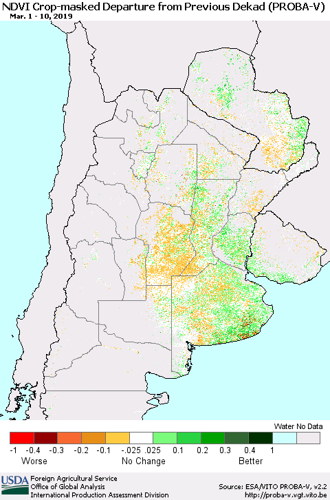 Southern South America NDVI Crop-masked Departure from Previous Dekad (PROBA-V) Thematic Map For 3/1/2019 - 3/10/2019