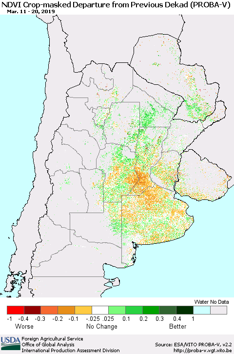 Southern South America NDVI Crop-masked Departure from Previous Dekad (PROBA-V) Thematic Map For 3/11/2019 - 3/20/2019