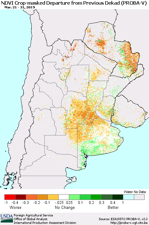 Southern South America NDVI Crop-masked Departure from Previous Dekad (PROBA-V) Thematic Map For 3/21/2019 - 3/31/2019