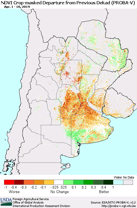 Southern South America NDVI Crop-masked Departure from Previous Dekad (PROBA-V) Thematic Map For 4/1/2019 - 4/10/2019