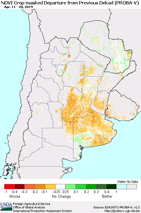 Southern South America NDVI Crop-masked Departure from Previous Dekad (PROBA-V) Thematic Map For 4/11/2019 - 4/20/2019