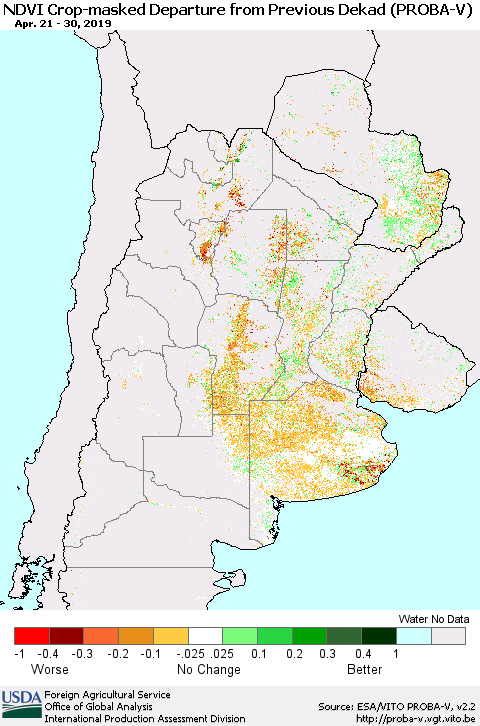 Southern South America NDVI Crop-masked Departure from Previous Dekad (PROBA-V) Thematic Map For 4/21/2019 - 4/30/2019