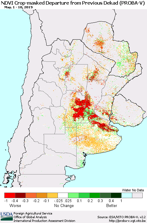 Southern South America NDVI Crop-masked Departure from Previous Dekad (PROBA-V) Thematic Map For 5/1/2019 - 5/10/2019