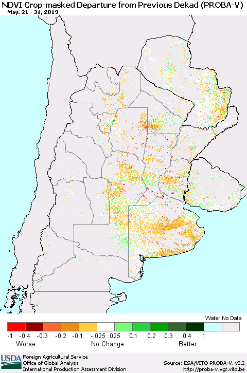 Southern South America NDVI Crop-masked Departure from Previous Dekad (PROBA-V) Thematic Map For 5/21/2019 - 5/31/2019
