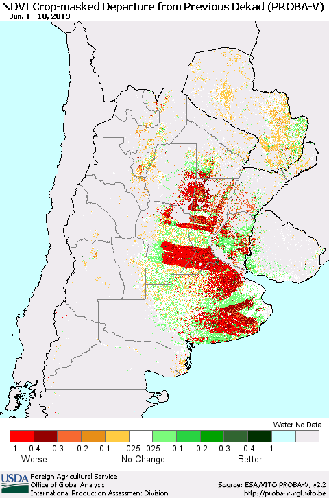 Southern South America NDVI Crop-masked Departure from Previous Dekad (PROBA-V) Thematic Map For 6/1/2019 - 6/10/2019