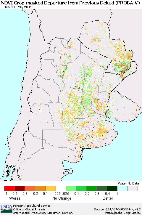 Southern South America NDVI Crop-masked Departure from Previous Dekad (PROBA-V) Thematic Map For 6/11/2019 - 6/20/2019