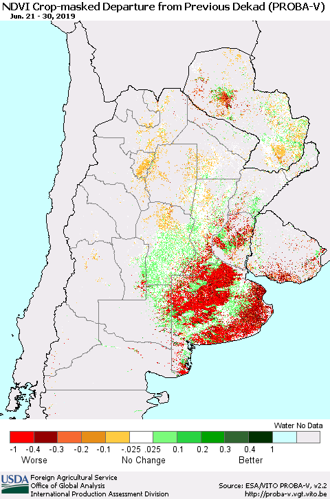 Southern South America NDVI Crop-masked Departure from Previous Dekad (PROBA-V) Thematic Map For 6/21/2019 - 6/30/2019