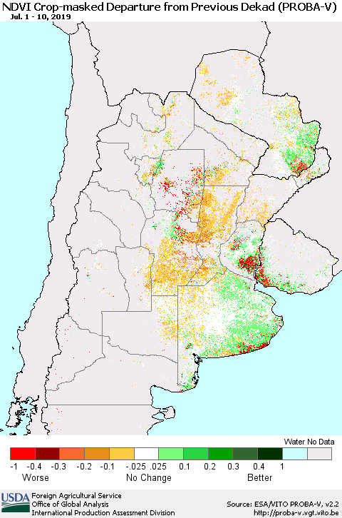 Southern South America NDVI Crop-masked Departure from Previous Dekad (PROBA-V) Thematic Map For 7/1/2019 - 7/10/2019
