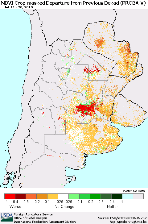 Southern South America NDVI Crop-masked Departure from Previous Dekad (PROBA-V) Thematic Map For 7/11/2019 - 7/20/2019