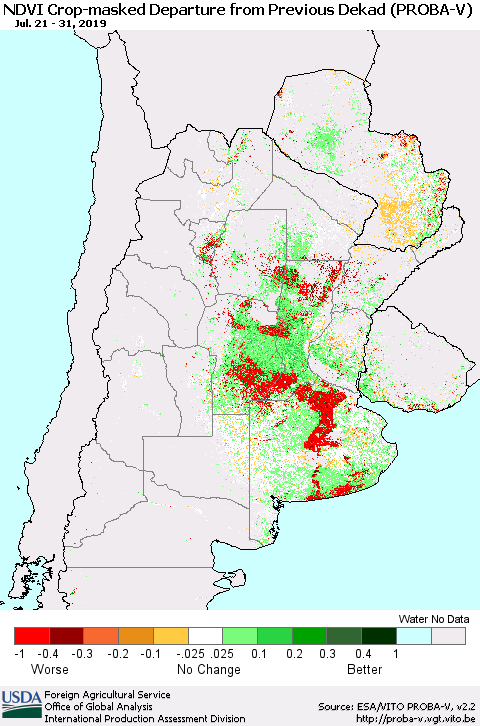 Southern South America NDVI Crop-masked Departure from Previous Dekad (PROBA-V) Thematic Map For 7/21/2019 - 7/31/2019