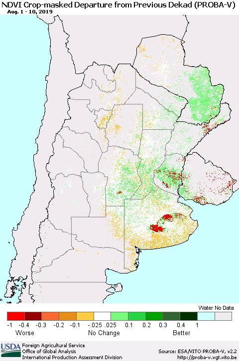 Southern South America NDVI Crop-masked Departure from Previous Dekad (PROBA-V) Thematic Map For 8/1/2019 - 8/10/2019