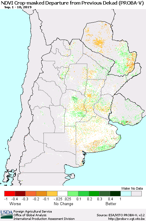 Southern South America NDVI Crop-masked Departure from Previous Dekad (PROBA-V) Thematic Map For 9/1/2019 - 9/10/2019