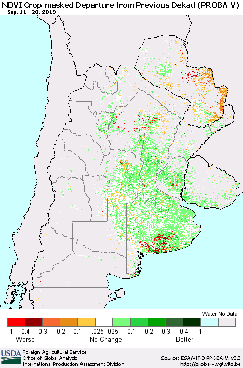 Southern South America NDVI Crop-masked Departure from Previous Dekad (PROBA-V) Thematic Map For 9/11/2019 - 9/20/2019