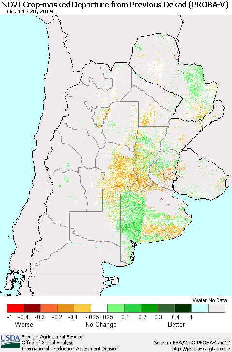 Southern South America NDVI Crop-masked Departure from Previous Dekad (PROBA-V) Thematic Map For 10/11/2019 - 10/20/2019