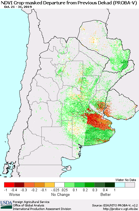 Southern South America NDVI Crop-masked Departure from Previous Dekad (PROBA-V) Thematic Map For 10/21/2019 - 10/31/2019