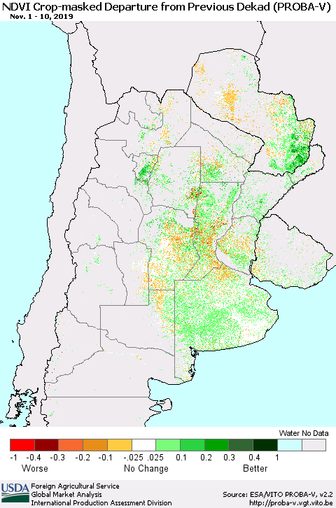 Southern South America NDVI Crop-masked Departure from Previous Dekad (PROBA-V) Thematic Map For 11/1/2019 - 11/10/2019