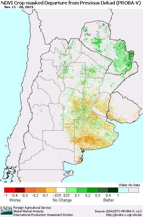 Southern South America NDVI Crop-masked Departure from Previous Dekad (PROBA-V) Thematic Map For 11/11/2019 - 11/20/2019