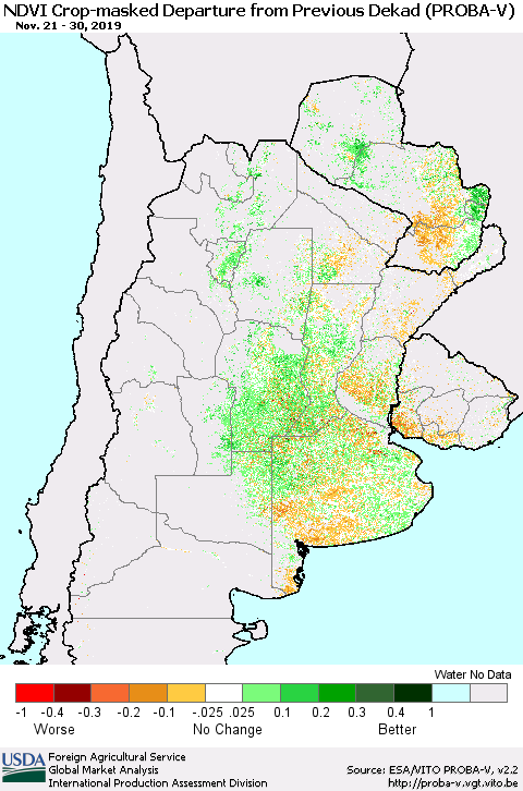 Southern South America NDVI Crop-masked Departure from Previous Dekad (PROBA-V) Thematic Map For 11/21/2019 - 11/30/2019