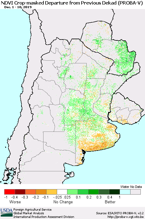Southern South America NDVI Crop-masked Departure from Previous Dekad (PROBA-V) Thematic Map For 12/1/2019 - 12/10/2019