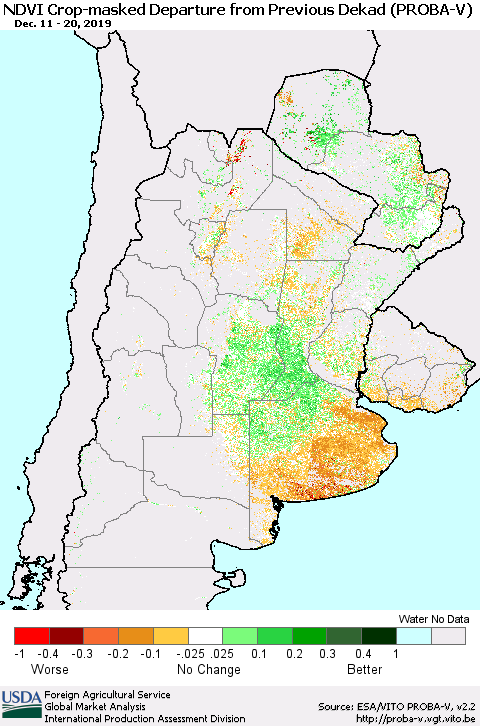 Southern South America NDVI Crop-masked Departure from Previous Dekad (PROBA-V) Thematic Map For 12/11/2019 - 12/20/2019