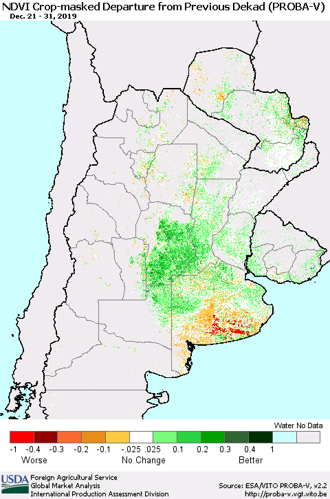 Southern South America NDVI Crop-masked Departure from Previous Dekad (PROBA-V) Thematic Map For 12/21/2019 - 12/31/2019
