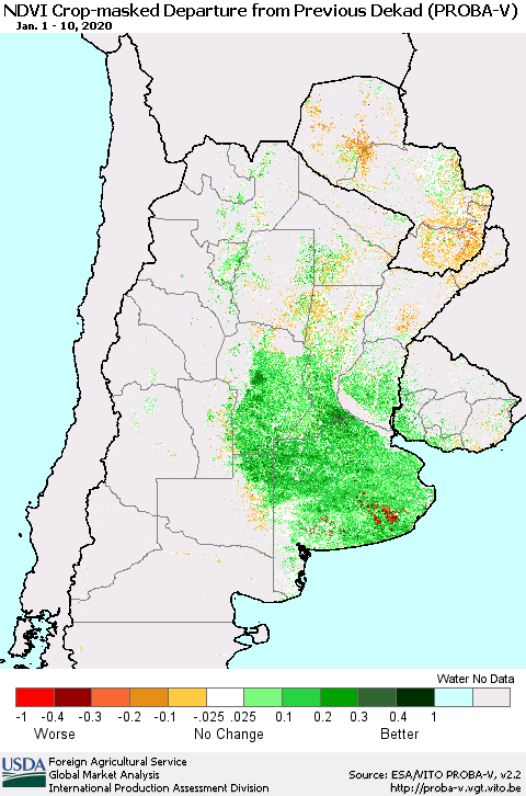Southern South America NDVI Crop-masked Departure from Previous Dekad (PROBA-V) Thematic Map For 1/1/2020 - 1/10/2020