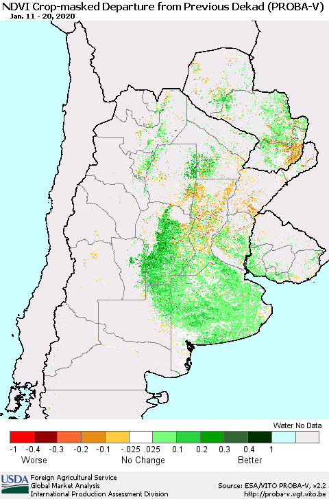 Southern South America NDVI Crop-masked Departure from Previous Dekad (PROBA-V) Thematic Map For 1/11/2020 - 1/20/2020