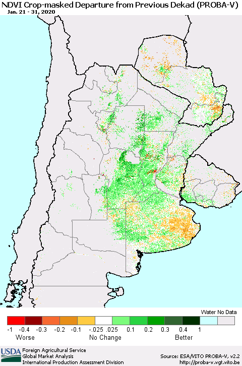 Southern South America NDVI Crop-masked Departure from Previous Dekad (PROBA-V) Thematic Map For 1/21/2020 - 1/31/2020