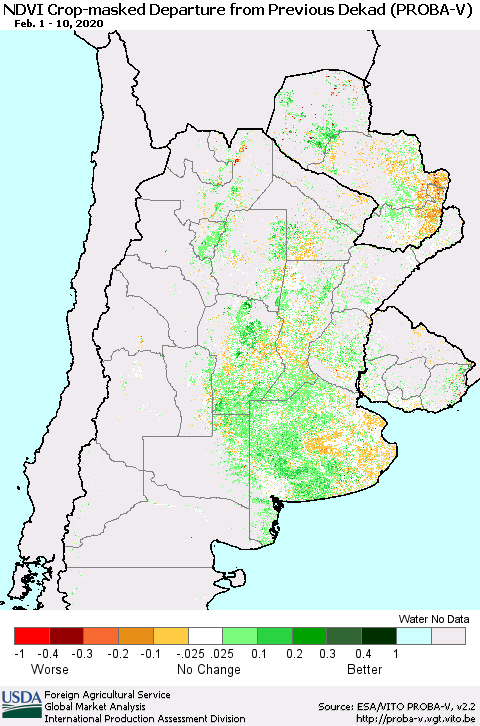 Southern South America NDVI Crop-masked Departure from Previous Dekad (PROBA-V) Thematic Map For 2/1/2020 - 2/10/2020
