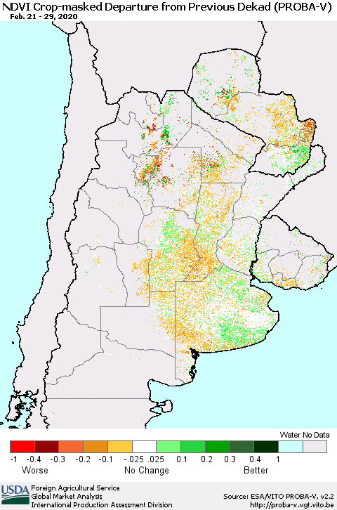 Southern South America NDVI Crop-masked Departure from Previous Dekad (PROBA-V) Thematic Map For 2/21/2020 - 2/29/2020