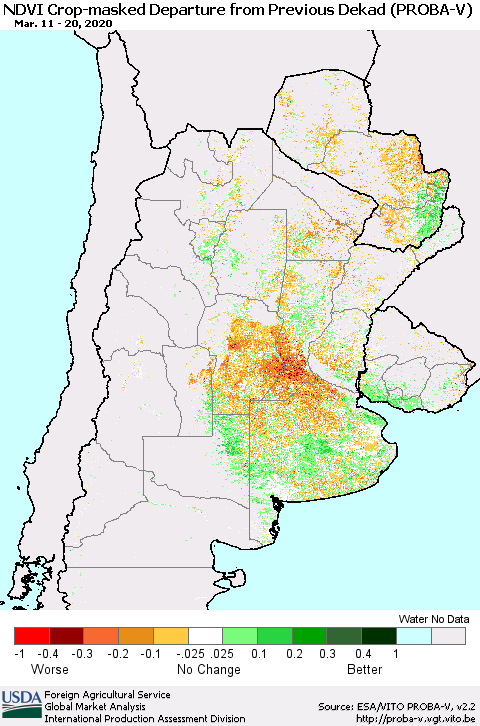 Southern South America NDVI Crop-masked Departure from Previous Dekad (PROBA-V) Thematic Map For 3/11/2020 - 3/20/2020