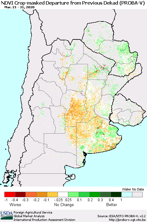 Southern South America NDVI Crop-masked Departure from Previous Dekad (PROBA-V) Thematic Map For 3/21/2020 - 3/31/2020