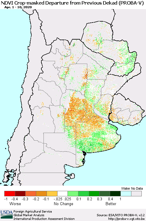 Southern South America NDVI Crop-masked Departure from Previous Dekad (PROBA-V) Thematic Map For 4/1/2020 - 4/10/2020