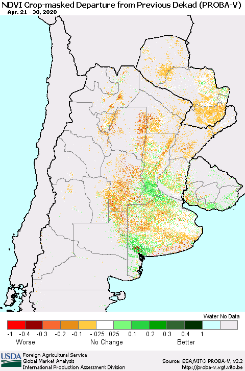 Southern South America NDVI Crop-masked Departure from Previous Dekad (PROBA-V) Thematic Map For 4/21/2020 - 4/30/2020