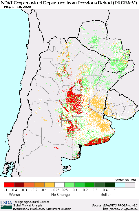 Southern South America NDVI Crop-masked Departure from Previous Dekad (PROBA-V) Thematic Map For 5/1/2020 - 5/10/2020