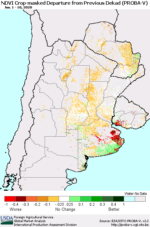 Southern South America NDVI Crop-masked Departure from Previous Dekad (PROBA-V) Thematic Map For 6/1/2020 - 6/10/2020