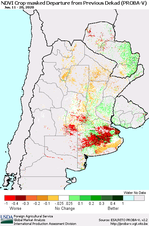 Southern South America NDVI Crop-masked Departure from Previous Dekad (PROBA-V) Thematic Map For 6/11/2020 - 6/20/2020