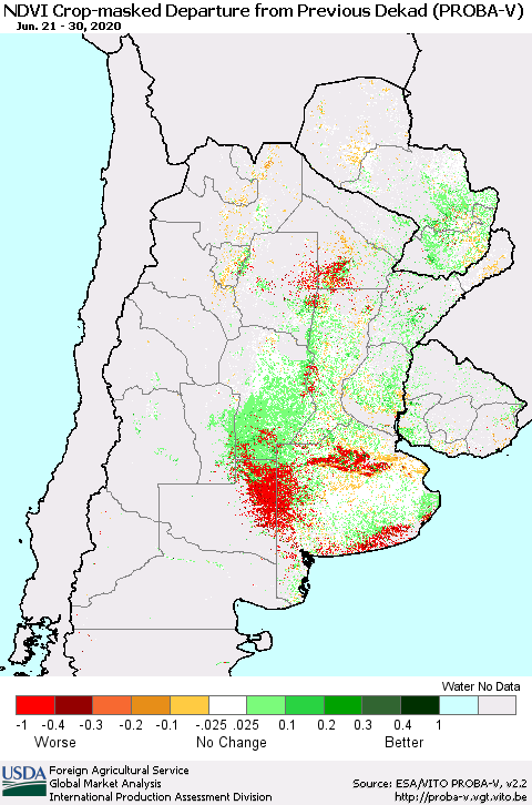 Southern South America NDVI Crop-masked Departure from Previous Dekad (PROBA-V) Thematic Map For 6/21/2020 - 6/30/2020