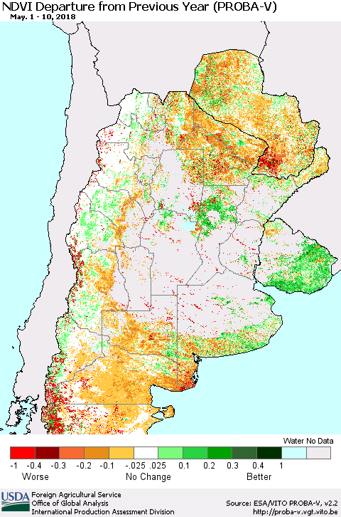 Southern South America NDVI Departure from Previous Year (PROBA-V) Thematic Map For 5/1/2018 - 5/10/2018