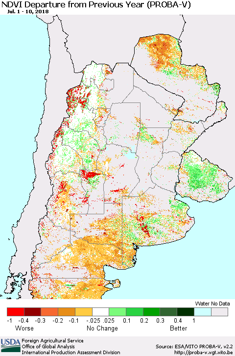 Southern South America NDVI Departure from Previous Year (PROBA-V) Thematic Map For 7/1/2018 - 7/10/2018