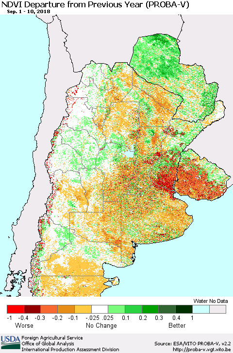 Southern South America NDVI Departure from Previous Year (PROBA-V) Thematic Map For 9/1/2018 - 9/10/2018