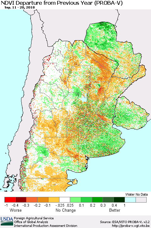 Southern South America NDVI Departure from Previous Year (PROBA-V) Thematic Map For 9/11/2018 - 9/20/2018
