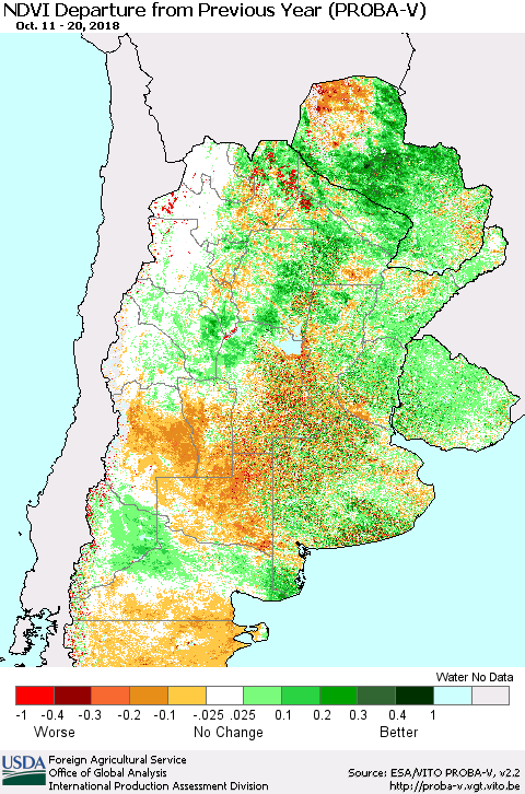 Southern South America NDVI Departure from Previous Year (PROBA-V) Thematic Map For 10/11/2018 - 10/20/2018