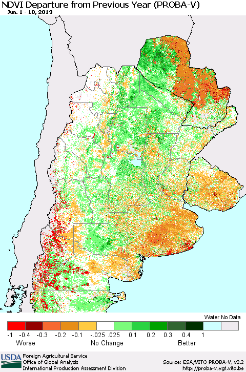 Southern South America NDVI Departure from Previous Year (PROBA-V) Thematic Map For 6/1/2019 - 6/10/2019