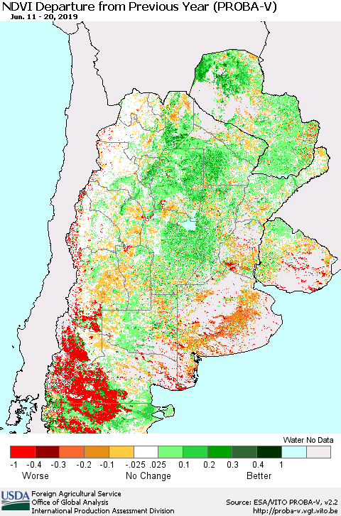 Southern South America NDVI Departure from Previous Year (PROBA-V) Thematic Map For 6/11/2019 - 6/20/2019