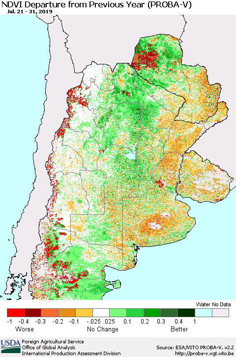 Southern South America NDVI Departure from Previous Year (PROBA-V) Thematic Map For 7/21/2019 - 7/31/2019