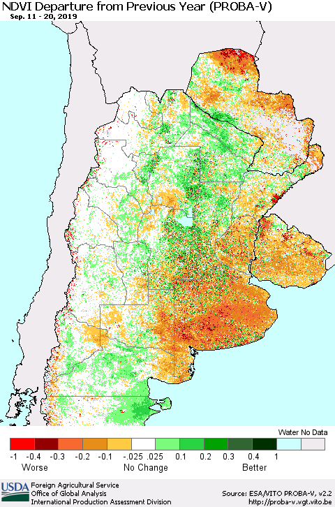 Southern South America NDVI Departure from Previous Year (PROBA-V) Thematic Map For 9/11/2019 - 9/20/2019